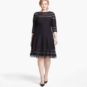 Tadashi Shoji Women's Mesh Stripe Fit & Flare Black Dress 3/4 Sleeve Size Medium